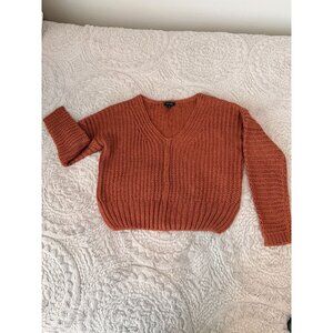 Rust Chunky Knit V-Neck Sweater Medium Cropped Long Sleeve Fall Cozy Boho